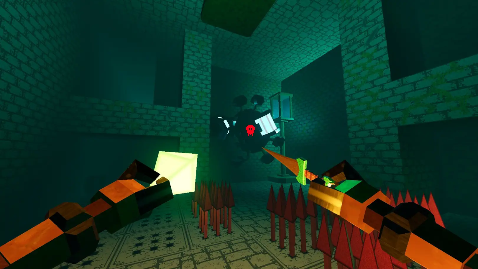 Screenshot of Sunken Shadows featuring the ruins biome, a crab mech enemy and spike traps